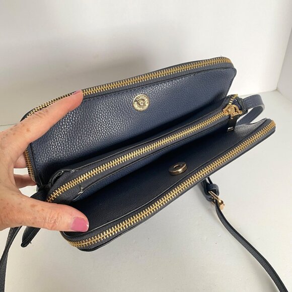 Navy Blue Pleather Crossbody Purse Multi Section Adj Strap Gold Tone Zippers - Picture 5 of 14